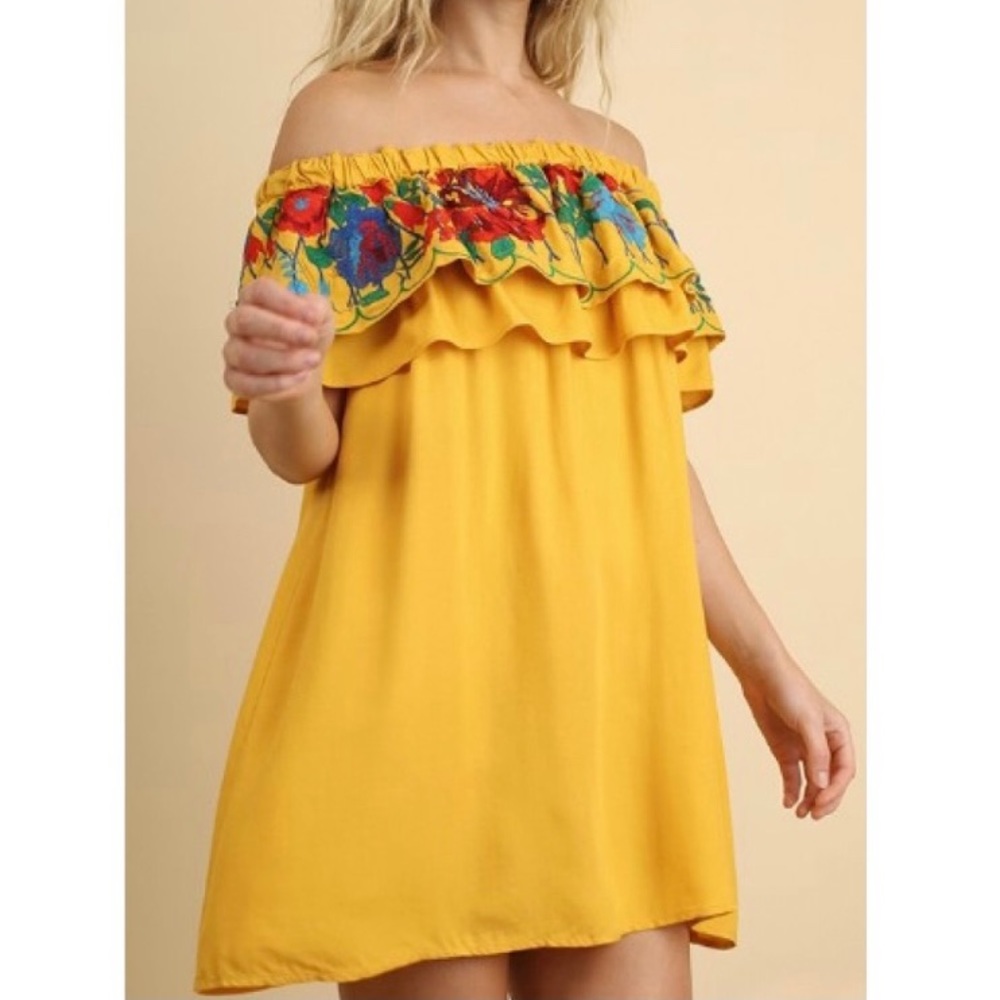 Umgee Mango Embroidered Ruffle Off Shoulder Dress